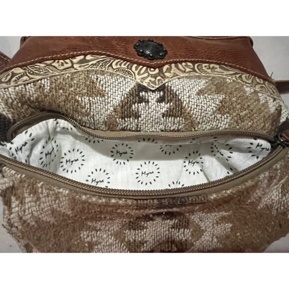 Myra Brown & Beige Boho Crossbody Bag Geometric Pattern Adjustable Strap Leather - Picture 7 of 14